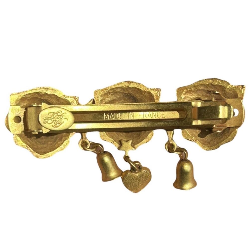 Vintage Kirks Folly Cat Barrette Gold Tone Made in France Rhinestone Heart Clip - Picture 2 of 5